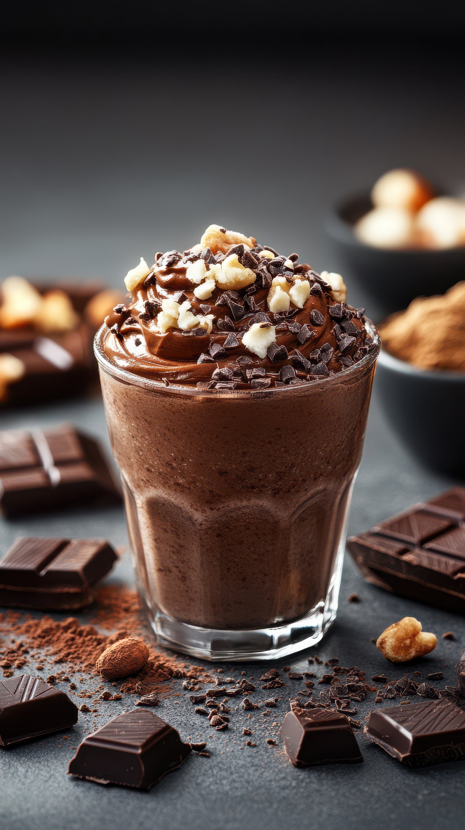 Decadent chocolate dessert with whipped cream and toppings served in a glass on a dark counter